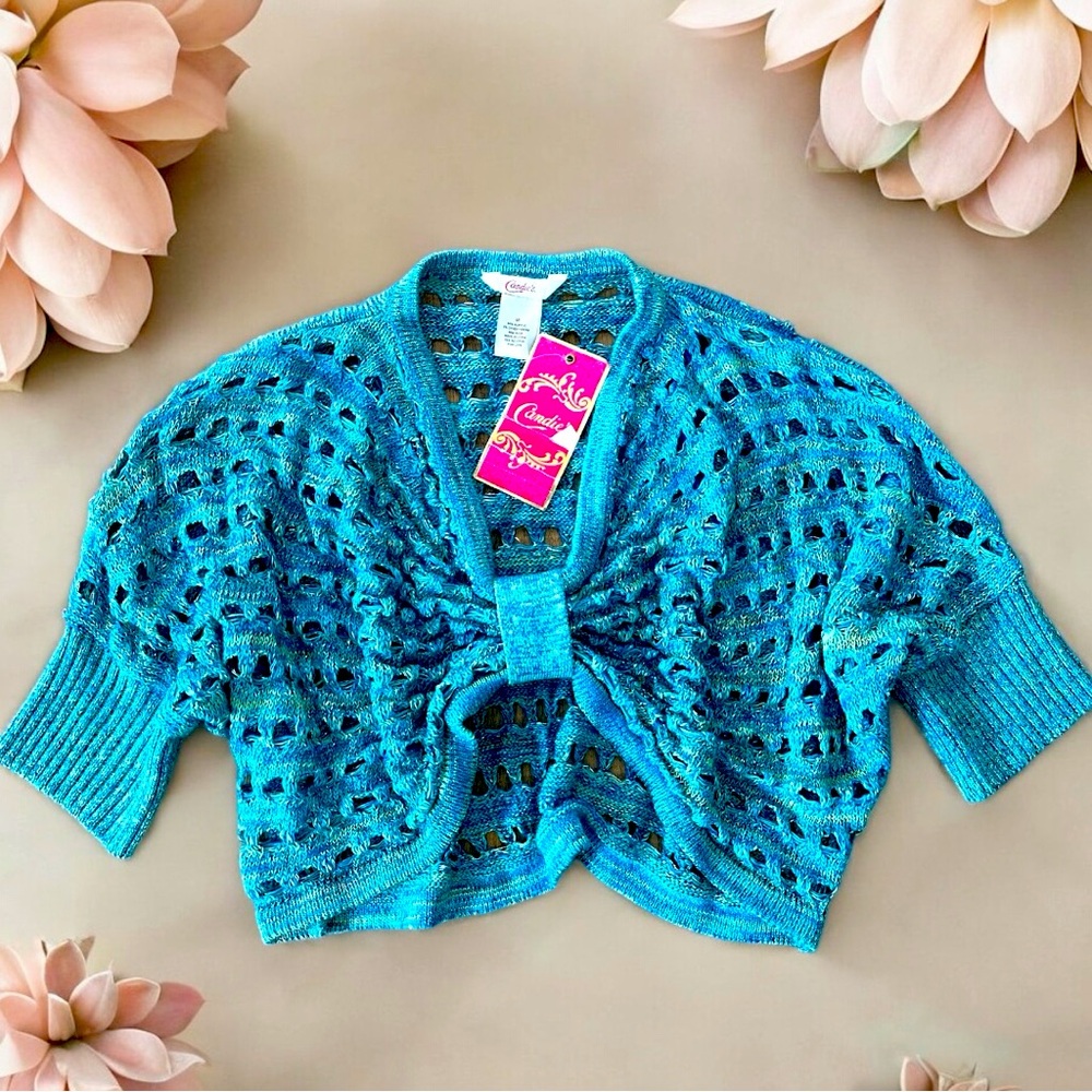 Candie’s size Medium fashion sweater in beach glass blue green silver New w/Tags